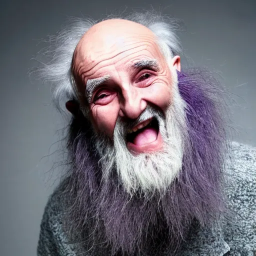 Image similar to an old druid wizard, bald, bushy grey eyebrows, long grey hair, disheveled, wise old man, wearing a grey wizard hat, wearing a purple detailed coat, a bushy grey beard, sorcerer, he is a mad old man, laughing and yelling