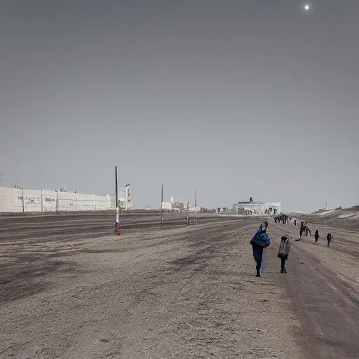 Image similar to moonwalker photo, lunar soil, people on the city street, a detailed photo of a future norilsk base, moon landscape, streetphoto