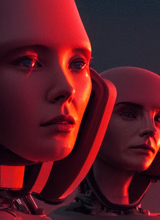 Image similar to cinestill 5 0 d photographic portrait of two loving female androids wearing rugged black techwear on a desolate plain with a red topographic holographic sky, extreme closeup, cyberpunk style, dust storm, 8 k, hd, high resolution, 3 5 mm, f / 3 2, ultra realistic faces, ex machina