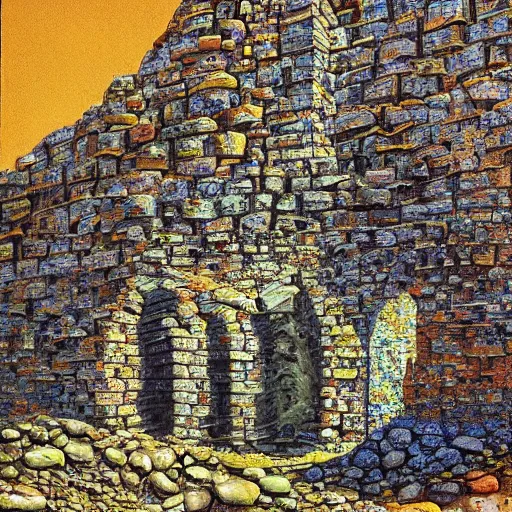 Prompt: a vivid surrealist painting of a melting, gooey, stone ruin, the walls are wavy and slowly melting under the heat of the sun. made of melting bricks on a hill in the mountains and forest on a scorching hot day, in the style of dali