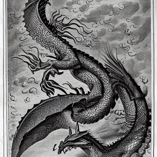 Image similar to old encyclopedia illustrations presenting dragons, with descriptive text, informative diagrams and notes