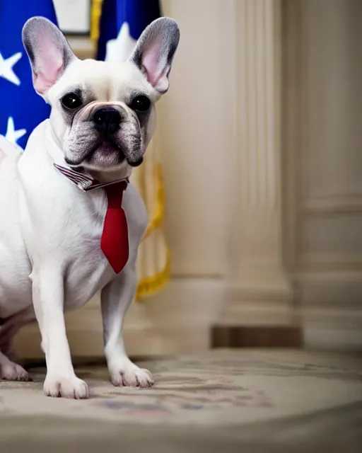 Image similar to White French Bulldog wearing a suit in the Oval Office with a flag in the background, detailed and intricate