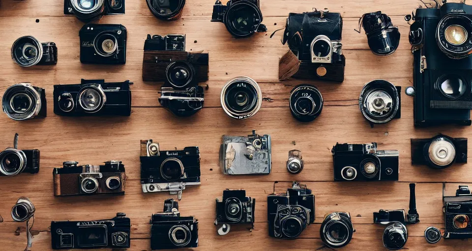 Prompt: a knolling of vintage cameras, overhead view, flatlay