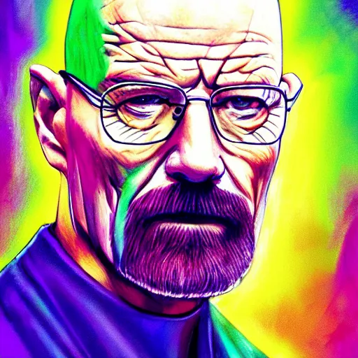 Prompt: high quality, walter white, portrait, cyberpunk colors, neotrad