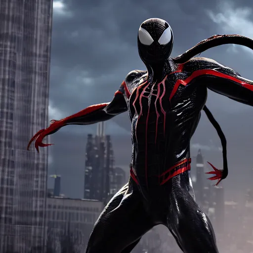 Image similar to a single venom and spider - man hybrid, dslr, cinematic, volumetric lighting, 8 k resolution, photorealistic