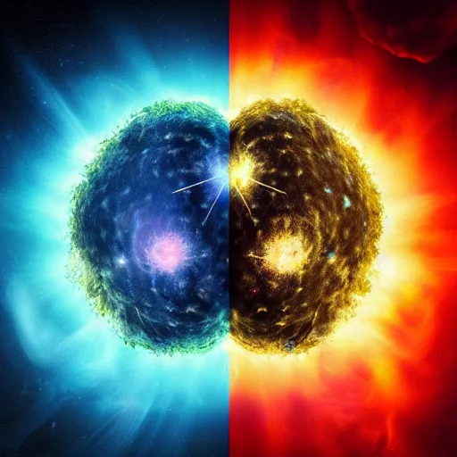 Image similar to “exploding collision between two neutron stars, creepy lighting, photorealistic”