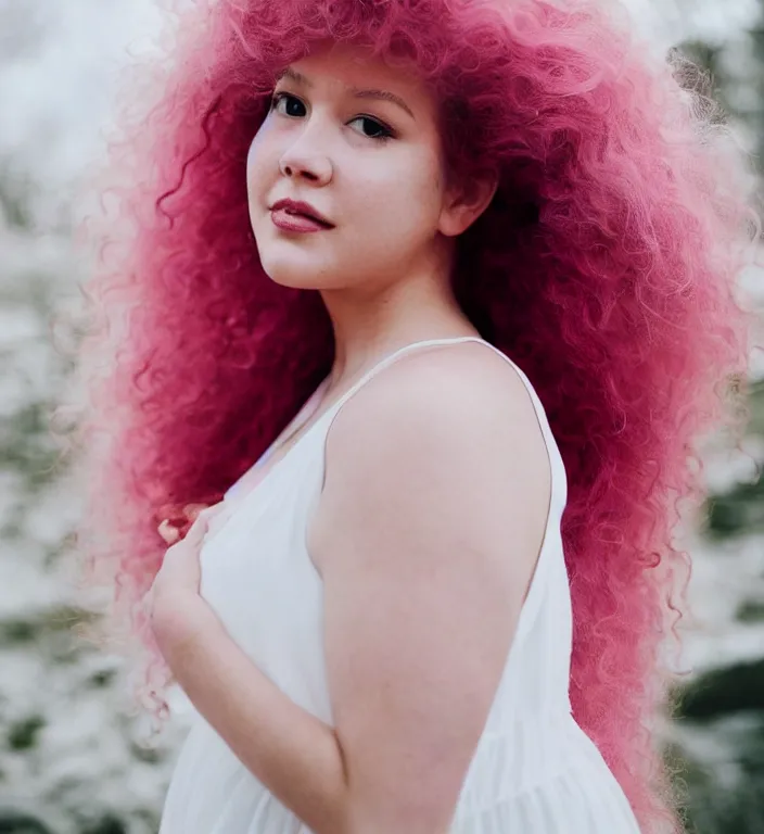 Image similar to a photograph of rose quartz from steven universe, portrait photography, 8 5 mm, iso 4 0 0, focus mode, detailed portrait, gigantic tight pink ringlets, huge curly pink hair, bangs, plus size, extremely beautiful and ethereal, warm smile, magical, white dress, regal, gorgeous, kind features, beautiful woman, flattering photo, daylight