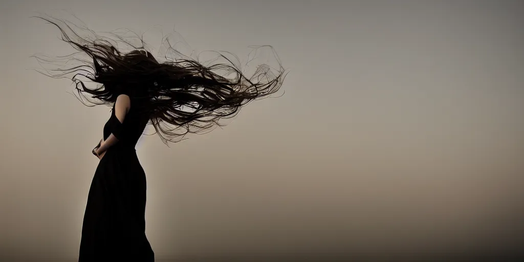 Prompt: color photograph of a beautiful woman against the light, in a long black silk dress, hair blowing in the wind, attractive, warm, nocturne, moonlight, mysterious, night photography, long exposure, mist, seascape, port, photography, golden ratio, large format camera, cinematic, photorealistic, wide angle