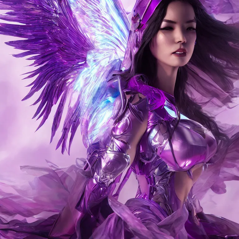 Prompt: closeup 1 asia female nora _ kyzy with neon cyberangel wings, ritual tattoes cover her purple skin in a superheroine pose, draped iridescent silk outfit flowing in the wind by greg rutkowski, by artgerm, digital art, redshift render, perfect symmetry, phi ratio, hyperrealistic, ray - tracing