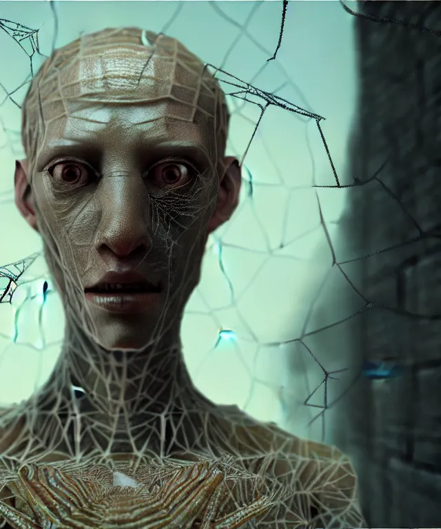 Prompt: realistic portrait of a dehydrated lovecraft humanoid spider husk with a female face, wearing white silk, still from a movie by Terrence Malick, Tarkovsky, Gaspar Noe, James Cameron, intricate artwork by Tooth Wu and wlop and beeple, greg rutkowski, very coherent symmetrical artwork, cinematic, hyper realism, high detail, octane render, rim light, unreal engine, 8k, Vibrant colors, Smooth gradients, High contrast, depth of field