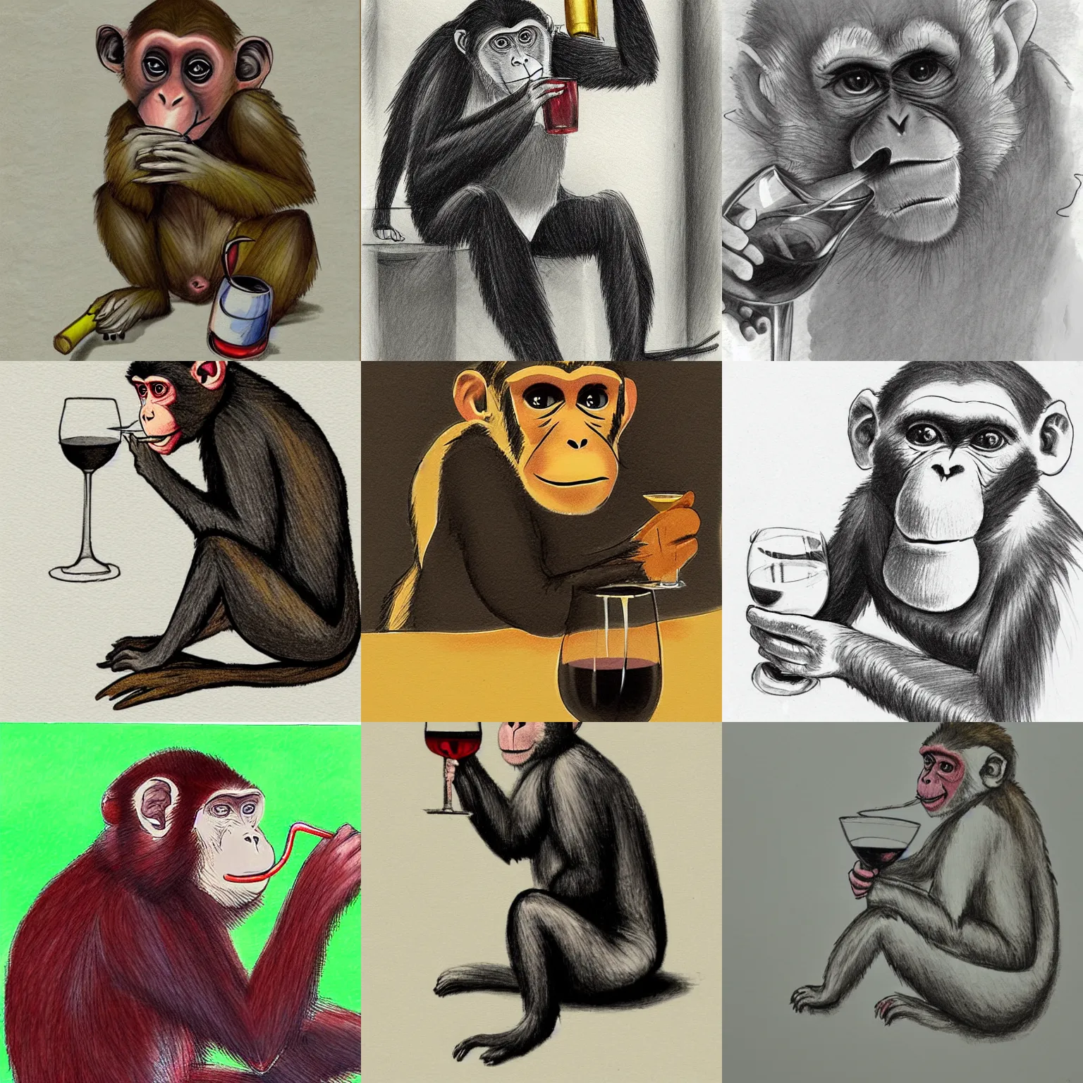 Prompt: monkey drinking wine, sketch,