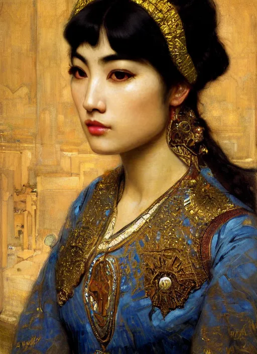 Prompt: beautifull asian queen cyborg with bangs curly Iranian orientalist portrait by john william waterhouse and Edwin Longsden Long and Theodore Ralli and Nasreddine Dinet, oil on canvas. Cinematic, hyper realism, dramatic lighting, high detail 4k