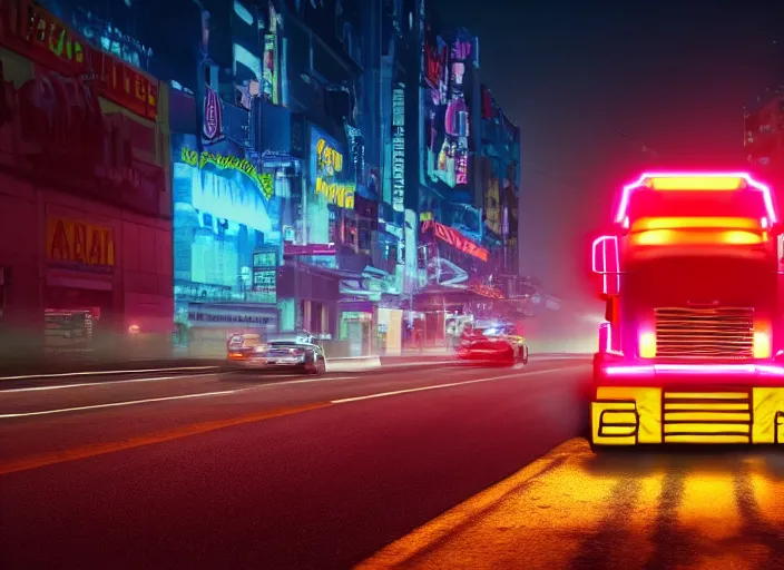 Image similar to a film still of a tonka truck driving through a neon city at night, cinematic