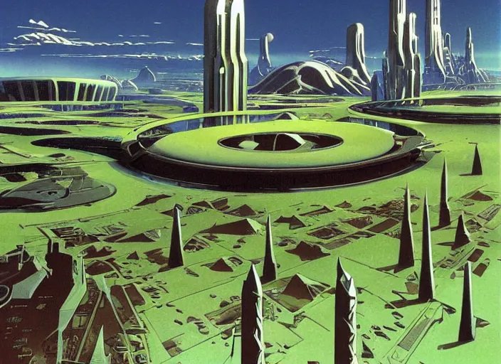 Prompt: ground view of a utopia future city. style by peter elson and eyvind earle.