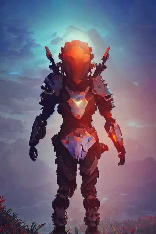 Image similar to combination suit armor aloy horizon forbidden west horizon zero dawn radiating a glowing aura global illumination ray tracing hdr fanart arstation by ian pesty and alena aenami artworks in 4 k tribal robot ninja mask helmet backpack