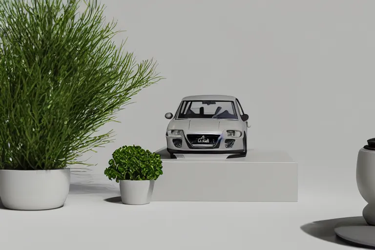 Image similar to a small miniature of a Peugeot 309 Vital on a white table near a vase with a plant, 3d render, unreal engine 5, octane render, 4k, low contrast, path tracing, serene landscape, calm, relaxing, beautiful landscape, highly detailed, high quality, product photo, hyperrealistic, concept art, symmetrical