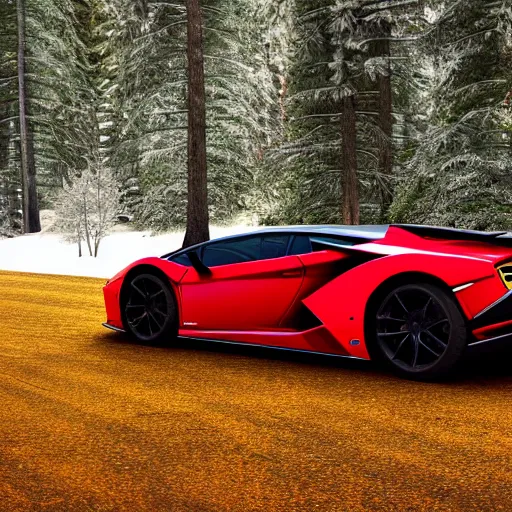 Prompt: ultra detailed lamborghini in a snowy forest with leaves falling, 8 k, octane render, ray traced, global illumination, ultra detailed, photorealistic