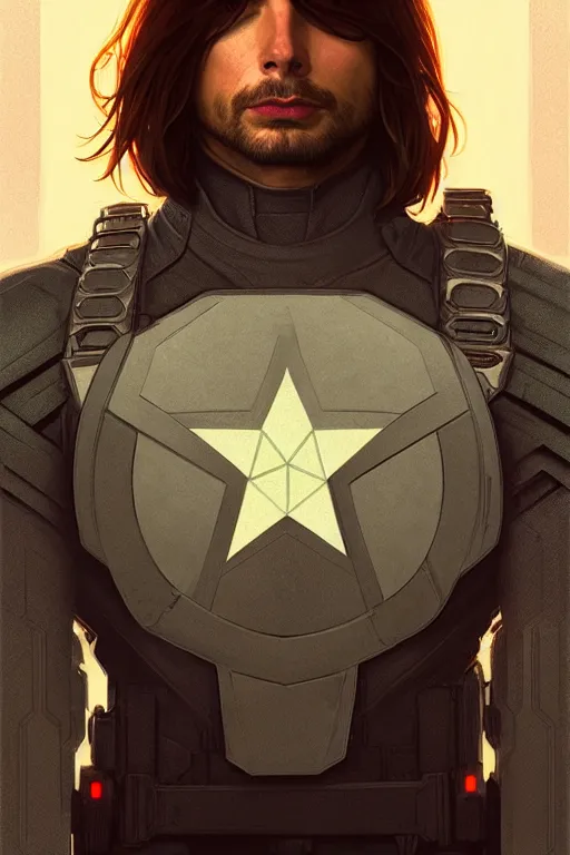 Prompt: a portrait of the winter soldier, fantasy, sharp focus, intricate, elegant, digital painting, artstation, matte, highly detailed, concept art, illustration, ambient lighting, art by ilya kuvshinov, artgerm, alphonse mucha, and greg rutkowski