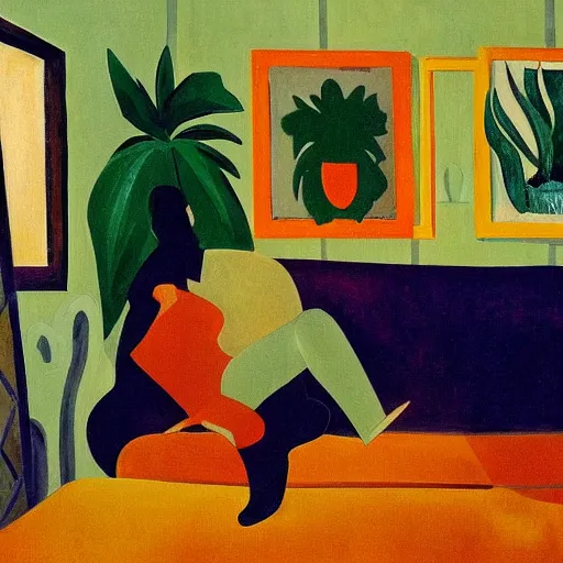 Prompt: A cozy, warm living room, bathed in golden light, with many tropical plants and succulents, a figure is resting on an old couch, by André Derain