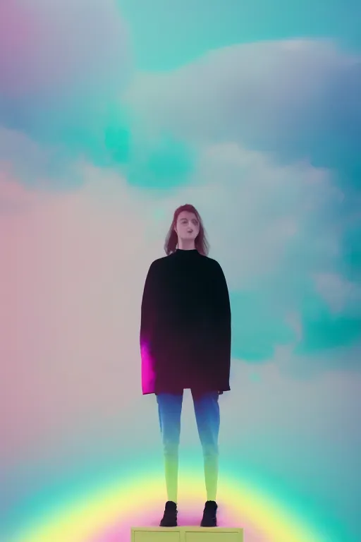 Prompt: high quality pastel coloured film photograph of a model wearing black clothing resting on cloud furniture clouds in a haze filled dreamstate world. three point light, rainbow. photographic production. art directed. pastel colours. volumetric clouds. pastel gradient overlay. waves glitch artefacts. 8 k. filmic.