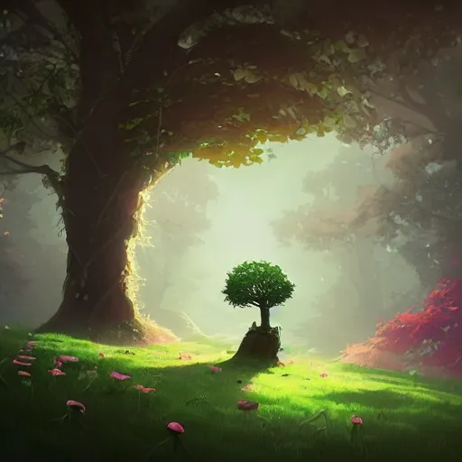 Image similar to ilustration a tree with green roses growing in the center, characterized by roman shipunov, etienne hebinger, atey ghailan, cgsociety, fantasy art, 2 d game art