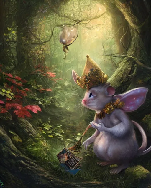 Prompt: Trumpet played by mouse in magical forest, portrait, wearing hat, magical notes, fairy atmosphere, magic the gathering artwork, D&D, fantasy, cinematic lighting, centered, symmetrical, highly detailed, digital painting, artstation, concept art, smooth, sharp focus, illustration, volumetric lighting, epic Composition, 8k, art by Akihiko Yoshida and Greg Rutkowski and Craig Mullins, oil painting, cgsociety