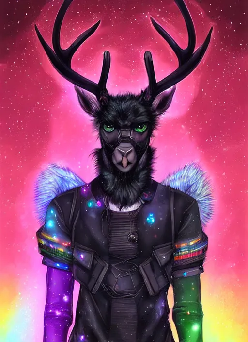 Image similar to award winning beautiful portrait commission of a male furry anthro Black Reindeer cyberpunk fursona with a tail, wings, wings, wings and a cute beautiful attractive detailed furry face wearing stylish black and rainbow galaxy clothes, outline, in a cyberpunk city at night while it rains. Character design by charlie bowater, ross tran, artgerm, and makoto shinkai, detailed, inked, western comic book art