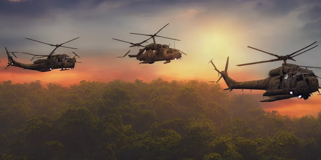 Image similar to Painting of vietnam Huey Helicopters, above a forest, orange sun set, abstract, realism, high details, glow, far, distance, over the horizon, drawn, 8k, octane render, extreme details, uniform, in sync, 3D model