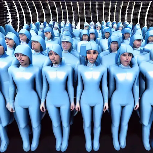 Image similar to troop of cloned older women with white bob hairdos, tight light blue neopren suits, futuristic cloning facility, sci - fi, highly detailed, cinematic