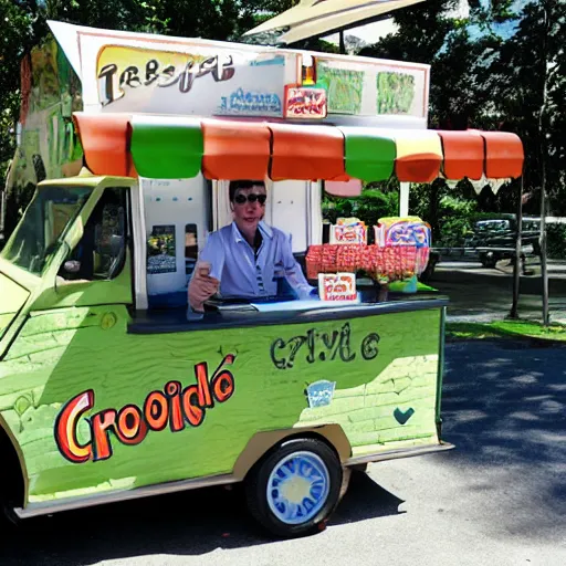 Image similar to crocodile man driving an ice cream cart