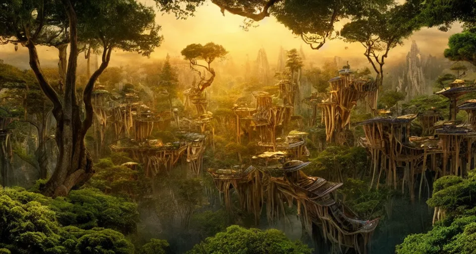 Prompt: An incredibly beautiful shot from a 2022 fantasy film featuring a fantasy treehouse city in an ancient forest. Suspended walkways. Ancient books. Golden Hour. 8K UHD.