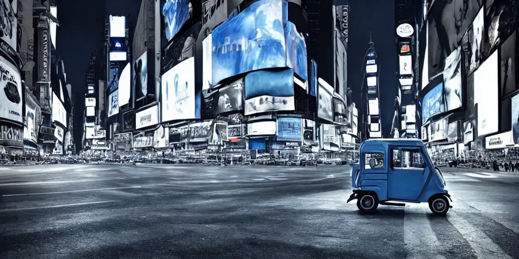 Image similar to a blue and white tuk tuk in Times Square at night, dark washed tint, dream-like heavy atmosphere, dark baroque painting, beautiful detailed intricate insanely detailed octane render trending on Artstation, 8K artistic photography, photorealistic, dramatic volumetric cinematic perfect light, chiaroscuro, award-winning photograph, masterpiece, Raphael, Caravaggio, Beksinski, Giger, 4k