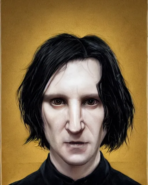 Image similar to portrait of a 3 2 - year - old man wearing black clothes, snape severus, with black, greasy, mid - length hair, hooked nose, dark brown eyes, yellow uneven teeth, hyper realistic face, beautiful eyes, fantasy art, in the style of greg rutkowski, intricate, hyper detailed, smooth