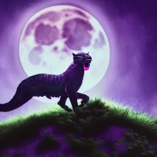 Prompt: closeup of a purple panther roaring at the moon in the forest. night. large moon in the center. cinematic. concept art.