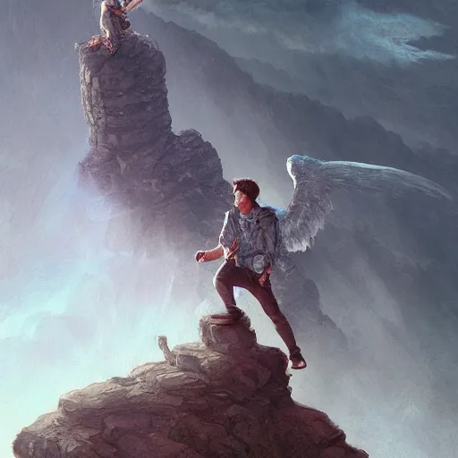 Image similar to angel protecting man falling from a cliff, detailed intricate ink illustration, happy atmosphere, detailed illustration, hd, 4k, digital art, overdetailed art, by greg rutkowski, by loish, complementing colors, Trending on artstation, movie poster style