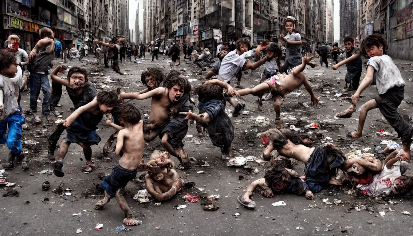 Prompt: in a dirty city street disheveled children in rags fight against laughing obese men in cheap suits, over piles half eaten rotting fast food, money thrown and floats in the air, hyper realistic photo, full colour, upscale, 8 k, masterpiece,