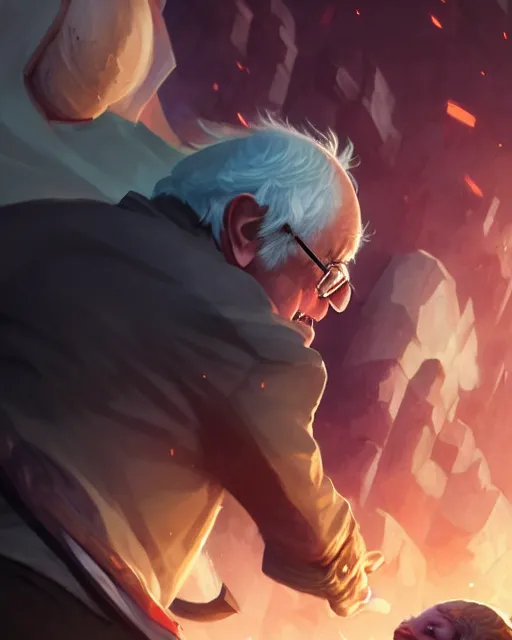 Image similar to bernie sanders as a league of legends champion, medium shot close up, details, sharp focus, illustration, by jordan grimmer and greg rutkowski, trending artstation, digital art