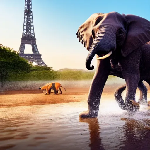 Prompt: very small dog in a high speed chase with an elephant out in the african jungle with a watering hole and eiffel tower in the background, 8k, 4k, high detail