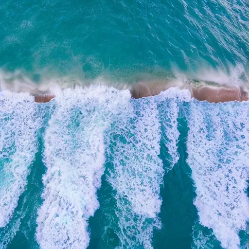 Image similar to a drone shot from above of surfers in an ocean with purple water and big waves that are crashing on bright white sand