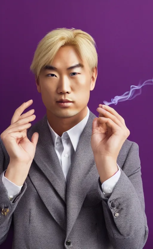 Image similar to a realistic photo of blond handsome Asian man in purple jacket, Kira Yoshikage in real life, studio photography , dark grey background, softly backlit, gentle smoke effect, photo courtesy Museum of art