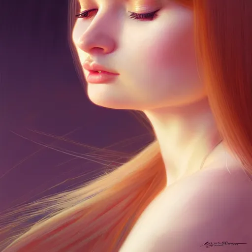 Image similar to beautiful kim petras, eyes closed, perspective, portrait, fantasy, ultra detailed, elegant, intricate, dynamic lighting, hyperrealism, digital art, digital painting, artstation, wlop, sharp focus, illustration, art by artgerm and greg rutkowski and alphonse mucha, 8 k