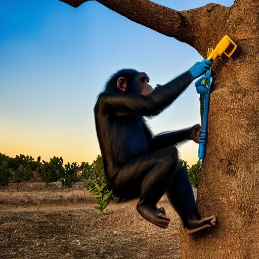 Image similar to a chimpanzee dressed in a chemical protection suit is injecting a olive tree with blue liquid, syringes, toxic, monkey face, scientific field trial, in puglia italy, sunset, beautiful lighting, chemical equipment, photograph, canon eos, f 8, iso 4 0 0, photography