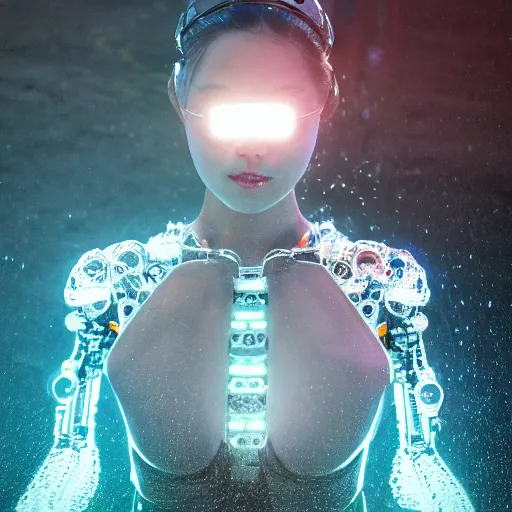 Image similar to beautiful centered fine art photo portrait of hoyeon jung as a solarpunk robotic humanoid treading on water, white mechanical parts with led lights, ultra - detailed and intricate, sun lighting, soft focus, slow exposure hdr 8 k