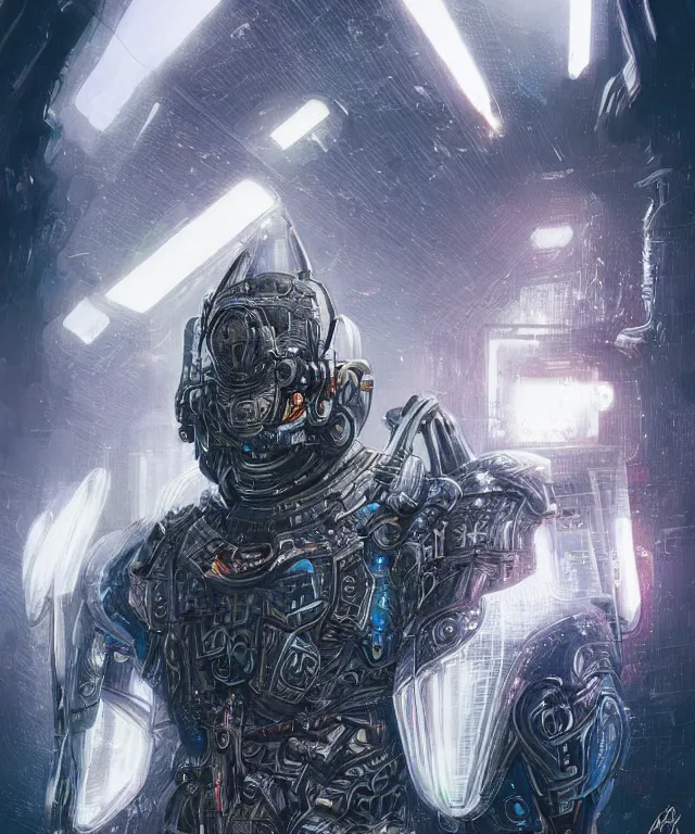 Prompt: an anthropomorphic rhinoceros portrait wearing sci fi armor, front facing!!!, surrealism , scifi, intricate cyberpunk armor, elegant, highly detailed cyberpunkbody armor, neon glowing eyes, digital painting, artstation, concept art, smooth, sharp focus, illustration, art by Artgerm and moebius and Peter Mohrbacher,