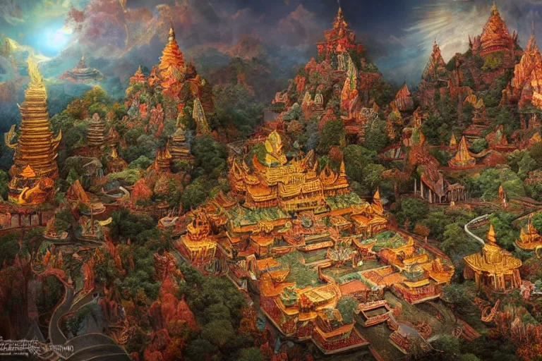 Image similar to the ancient mythical buddhist kingdom of shambhala, in the style of frank frazetta and andrea pozzo, ultra realistic, atmosphere glow, detailed intricate, colorful, cinematic lighting, unreal engine, god lighting