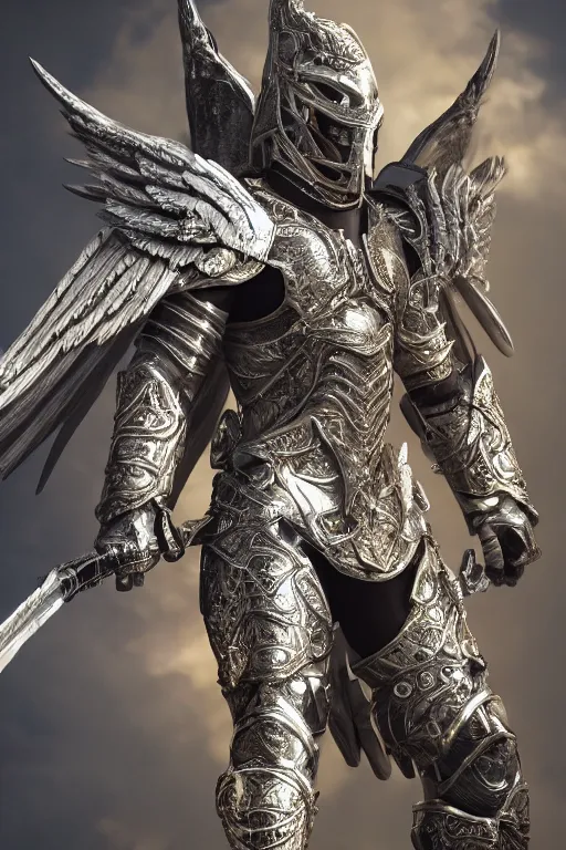 Image similar to a photo of 8k ultra realistic archangel, full body, diablo, intricate white and gold armor, sword, ornate, cinematic lighting, hyperrealistic, focused, high details, unreal engine 5, cinematic, Trending on artstation, artstationHD, artstationHQ, 4k, 8k