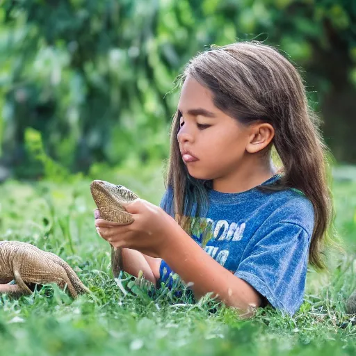 Prompt: color shot of a young girl playing with her pet dinosaurs, photorealistic,8k, XF IQ4, 150MP, 50mm, F1.4, ISO 200, 1/160s, natural light