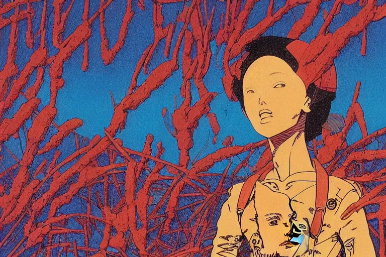 Image similar to risograph grainy drawing vintage sci - fi, satoshi kon color palette, gigantic gundam full - body covered in dead coral reef, 1 9 8 0, kodachrome, painting by moebius and satoshi kon and dirk dzimirsky close - up portrait