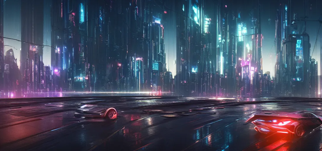 Prompt: view from the edge of a futuristic cyberpunk city at night in rain, refraction, reflection, lens flare, cars flying in the sky distance, symmetry, cinematic lighting, ultra detailed, sharp, ambient occlusion, raytracing, by greg rutowski, paul chadeisson and jessica rossier