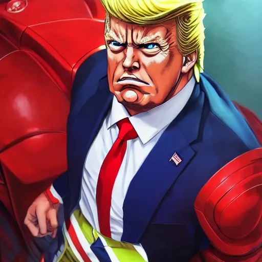 Image similar to anime portrait of trump as All Might by Stanley Artgerm Lau, WLOP, Rossdraws, James Jean, Andrei Riabovitchev, Marc Simonetti, and Sakimichan, trending on artstation